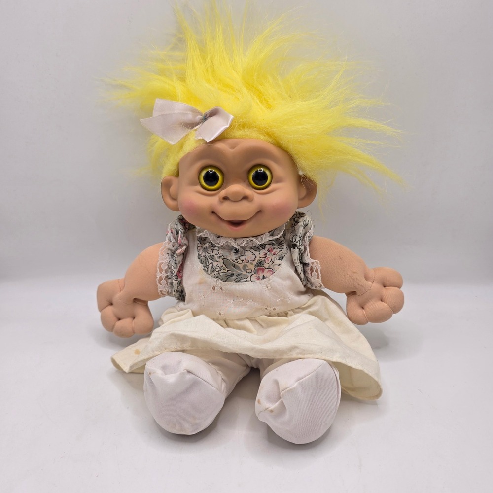 M.T. Troll Doll Vintage 1992 Yellow Hair Floral Dress Soft Body Retro Toy 90s